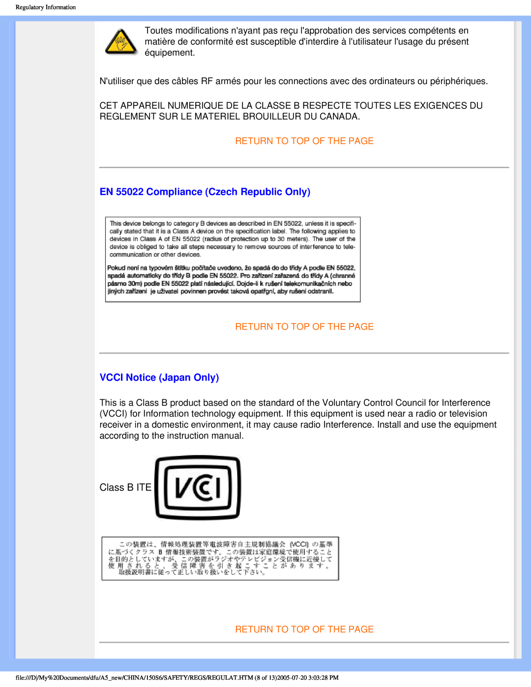 Philips 15056 user manual EN 55022 Compliance Czech Republic Only, VCCI Notice Japan Only, Return To Top Of The Page 