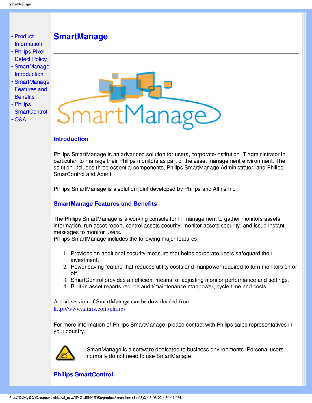 Philips 15056 user manual SmartManage Features and Benefits, Philips SmartControl, SmartManage Introduction 