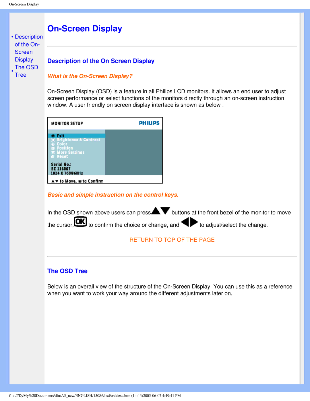 Philips 15056 user manual Description of the On Screen Display, OSD Tree 