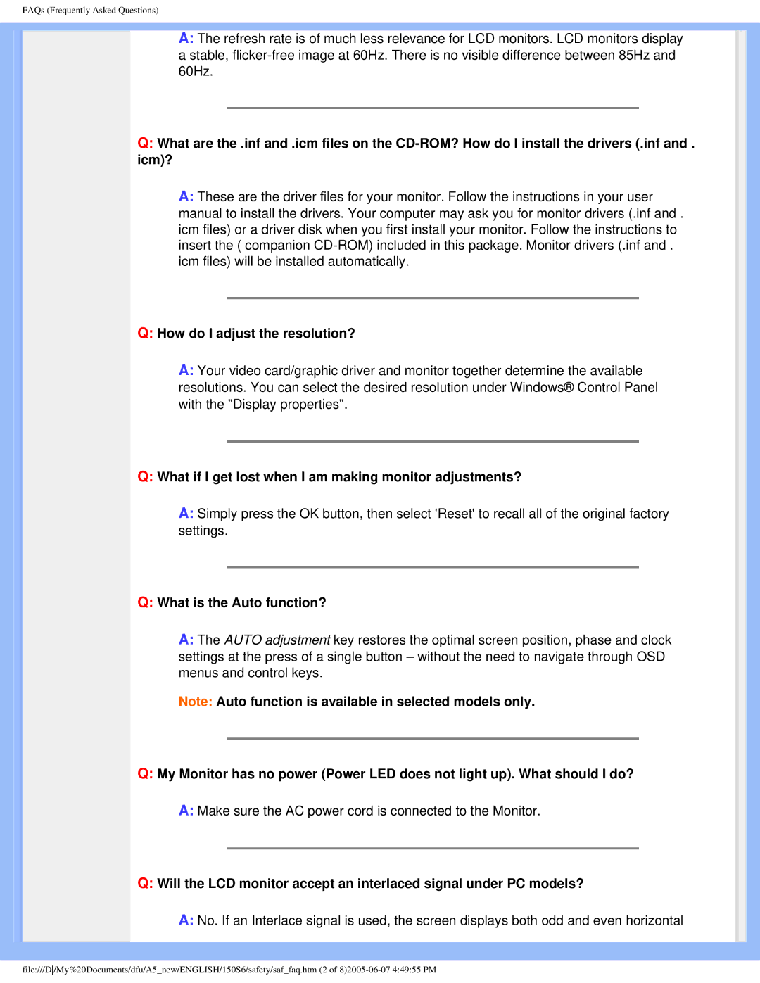 Philips 15056 user manual What if I get lost when I am making monitor adjustments?, What is the Auto function? 