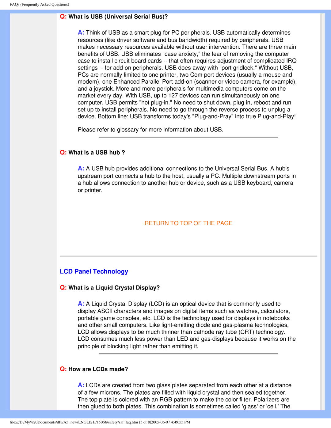 Philips 15056 user manual LCD Panel Technology, What is USB Universal Serial Bus?, What is a USB hub ?, How are LCDs made? 