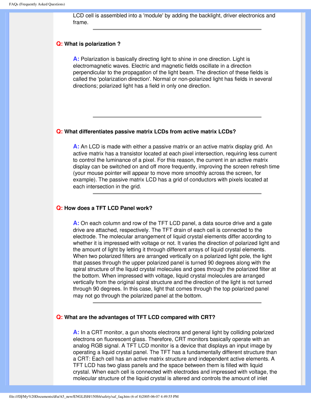 Philips 15056 user manual What is polarization ?, How does a TFT LCD Panel work? 