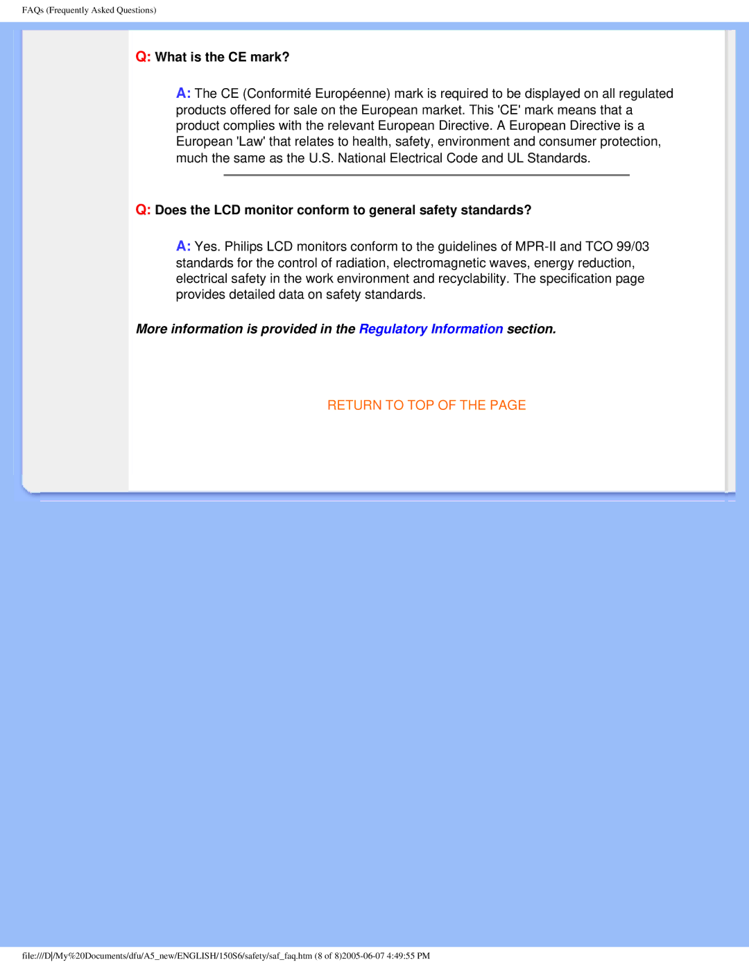 Philips 15056 user manual What is the CE mark?, Does the LCD monitor conform to general safety standards? 