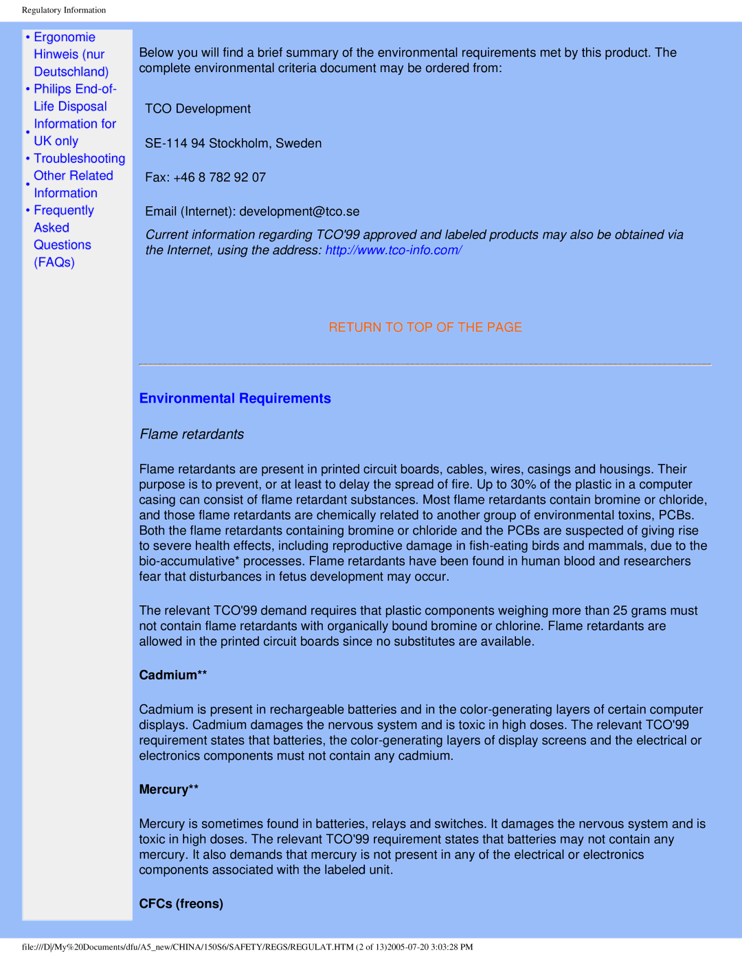 Philips 15056 user manual Environmental Requirements, Cadmium, Mercury, CFCs freons 