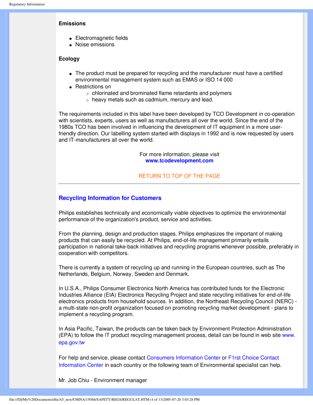 Philips 15056 user manual Recycling Information for Customers, Emissions, Ecology 