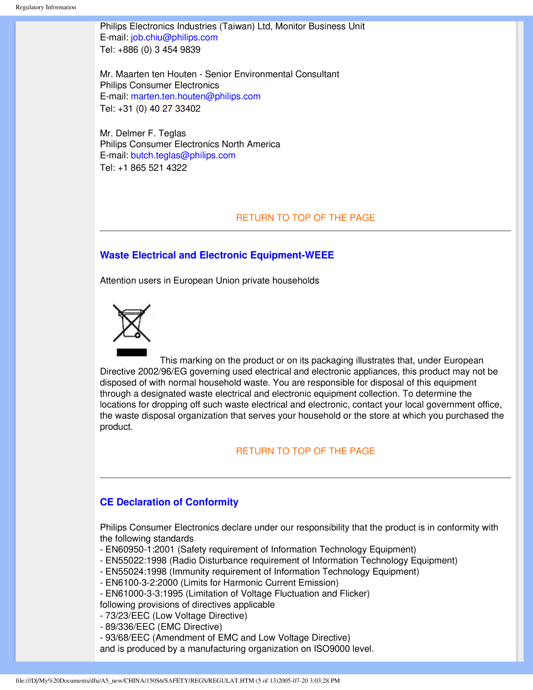 Philips 15056 user manual Waste Electrical and Electronic Equipment-WEEE, CE Declaration of Conformity 