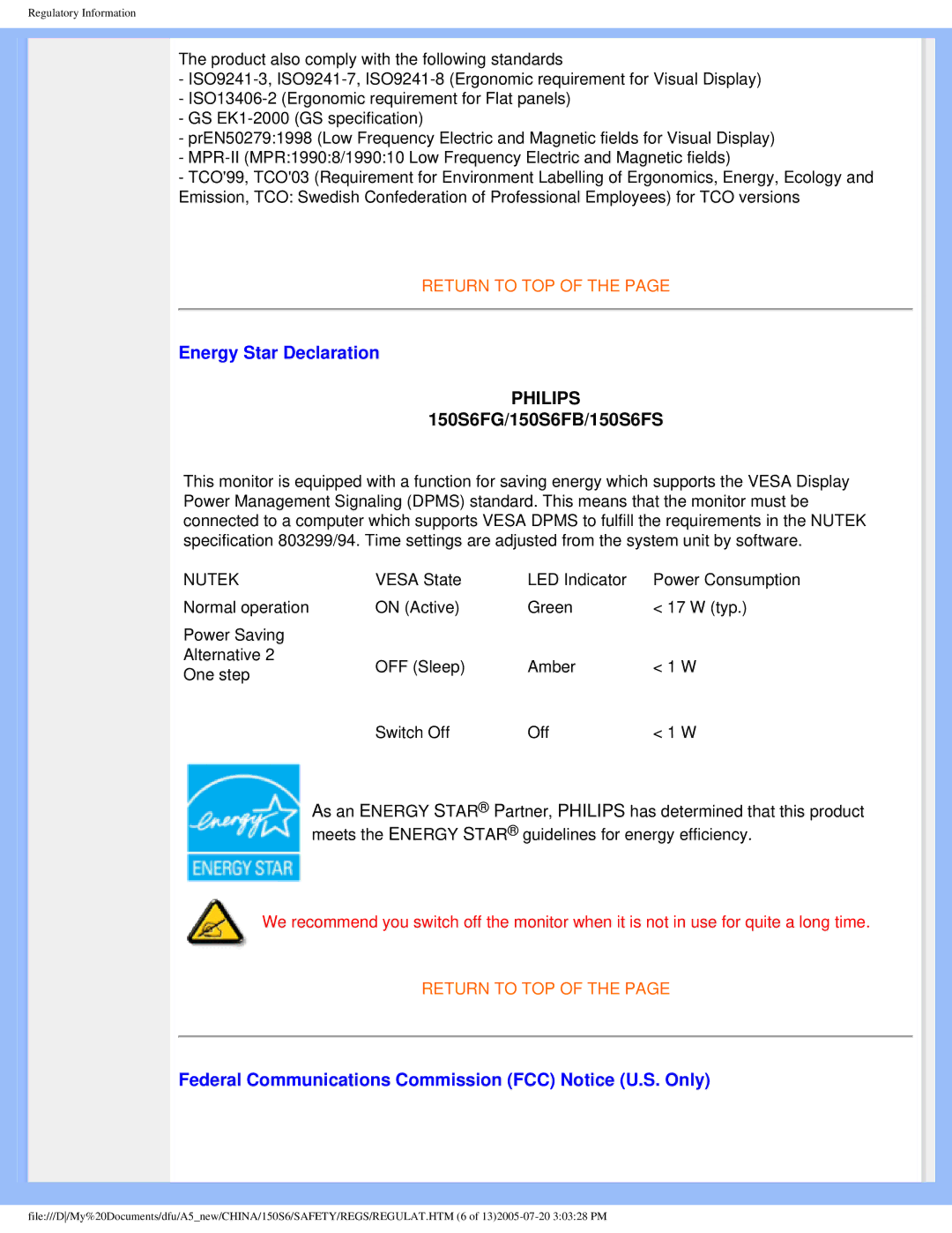 Philips 15056 user manual Energy Star Declaration, Federal Communications Commission FCC Notice U.S. Only 