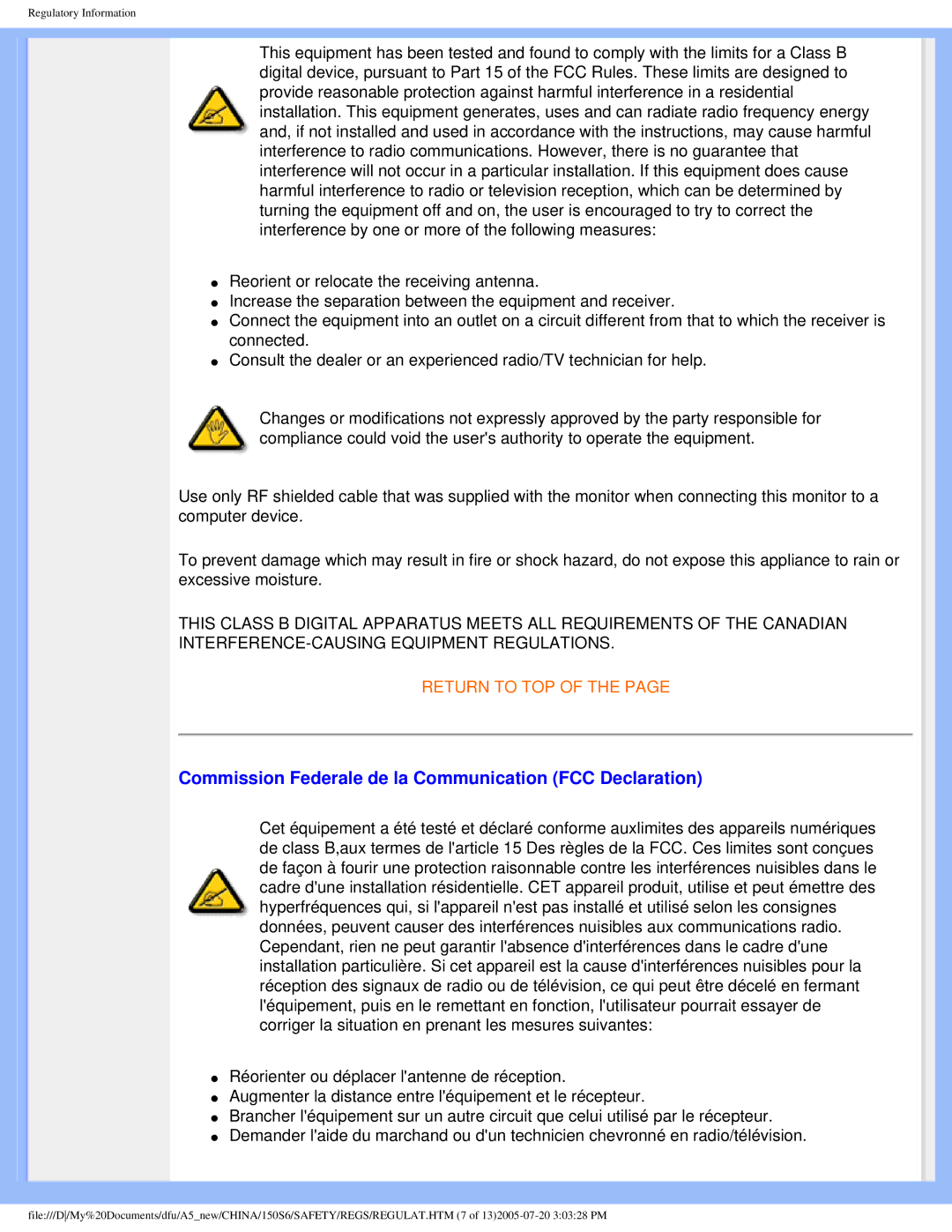 Philips 15056 user manual Commission Federale de la Communication FCC Declaration 