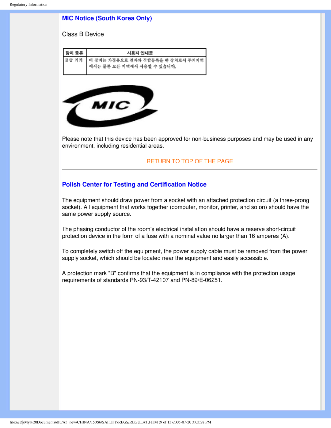 Philips 15056 user manual MIC Notice South Korea Only, Polish Center for Testing and Certification Notice 