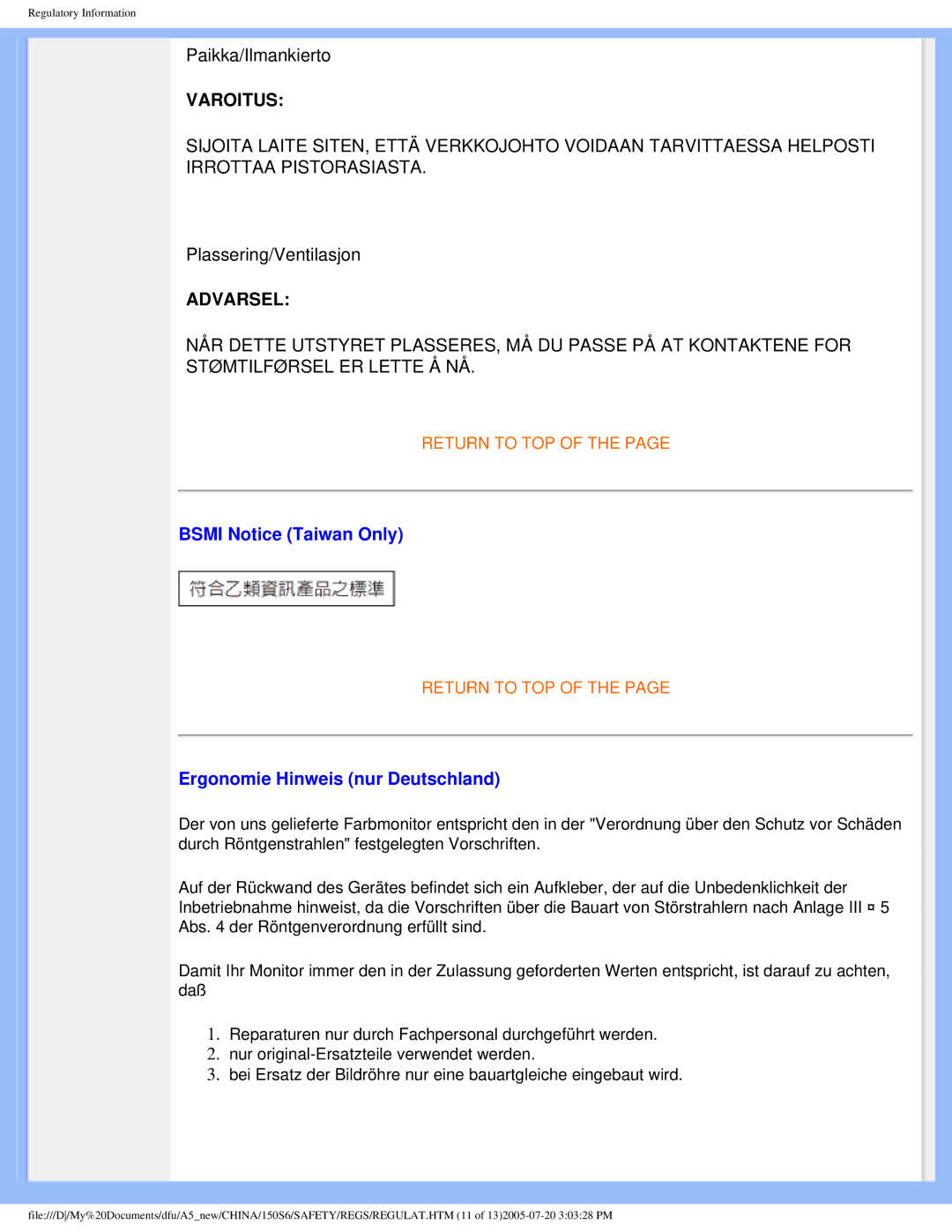 Philips 15056 user manual Bsmi Notice Taiwan Only, Ergonomie Hinweis nur Deutschland 