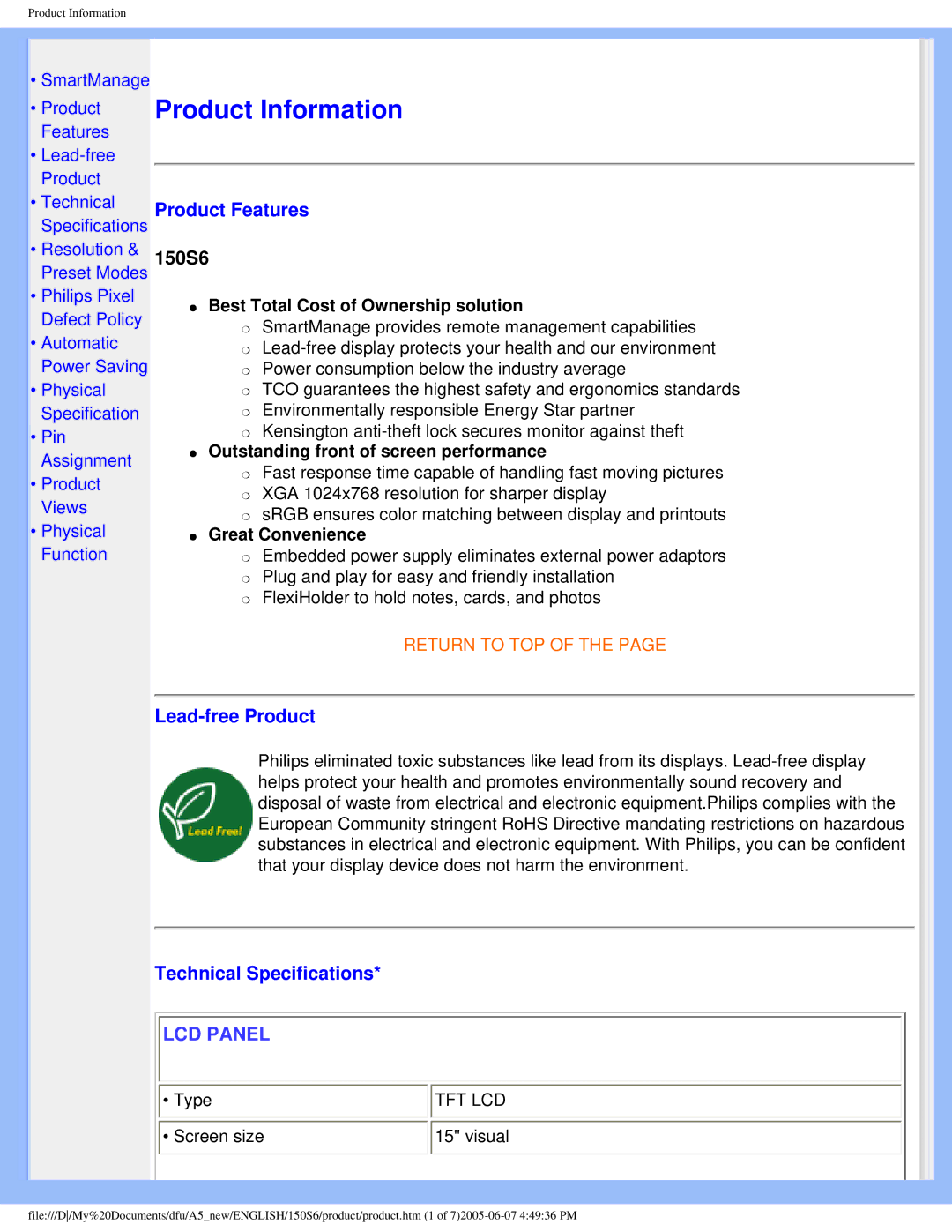 Philips 15056 user manual Product Features, Lead-free Product, Technical Specifications 