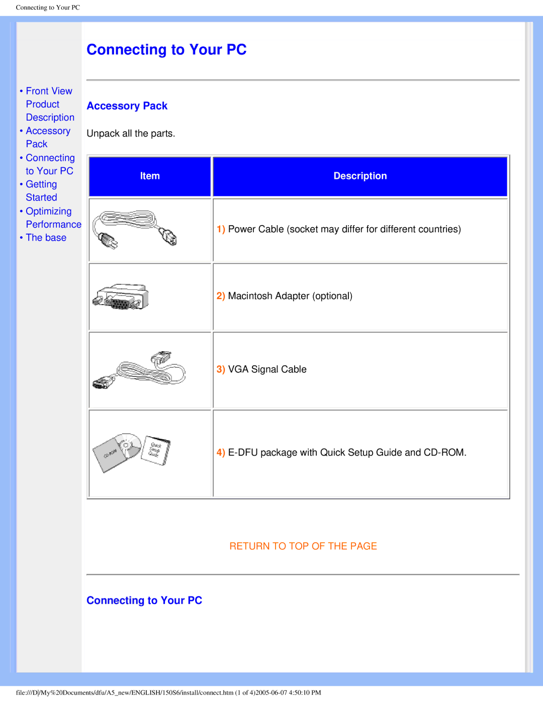 Philips 15056 user manual Accessory Pack, Connecting to Your PC 