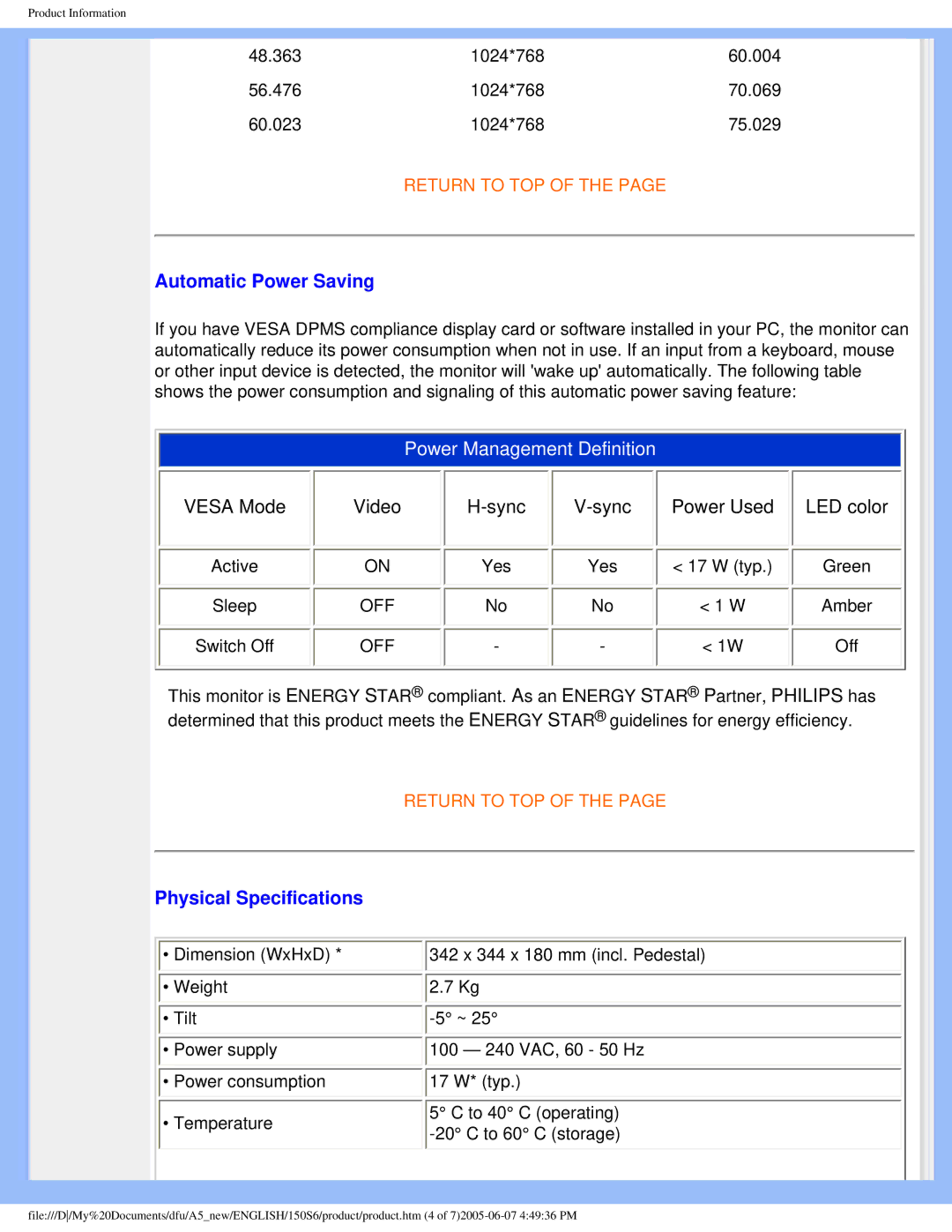 Philips 15056 user manual Automatic Power Saving, Physical Specifications 