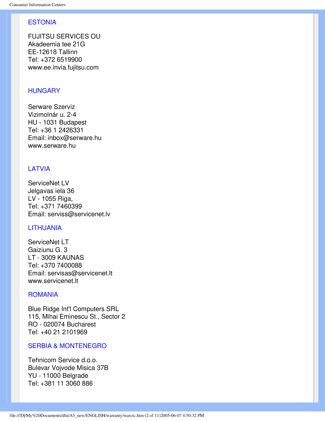 Philips 15056 user manual Estonia, Hungary, Latvia, Lithuania, Romania, Serbia & Montenegro 