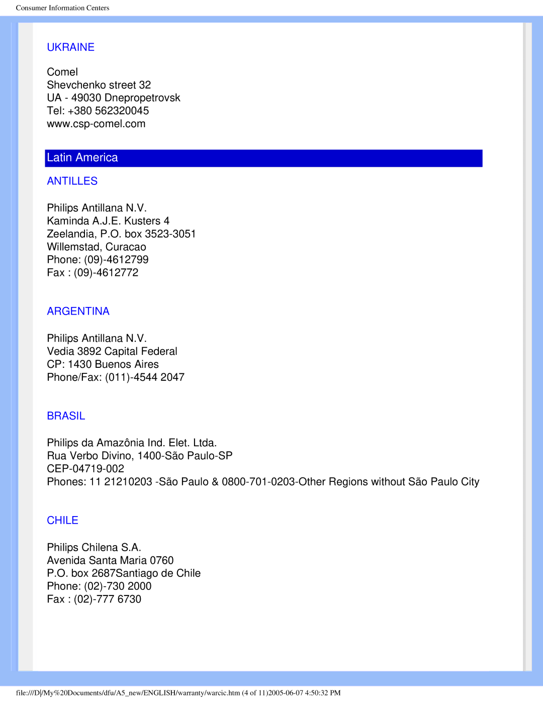 Philips 15056 user manual Ukraine, Antilles, Argentina, Brasil, Chile 