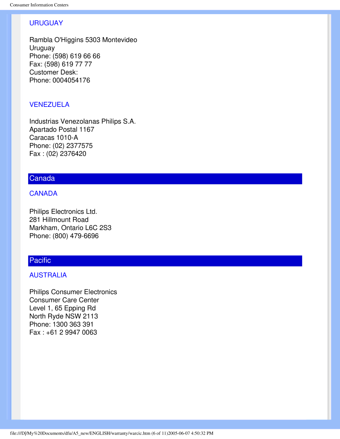 Philips 15056 user manual Uruguay, Venezuela, Canada, Australia 