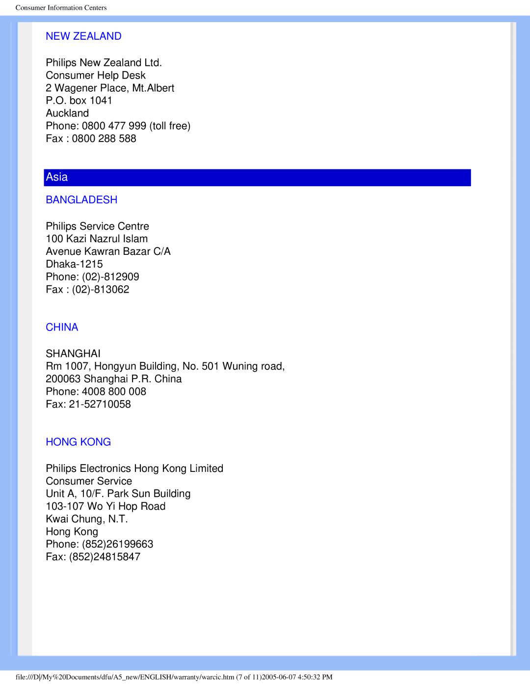 Philips 15056 user manual NEW Zealand, Bangladesh, China, Hong Kong 