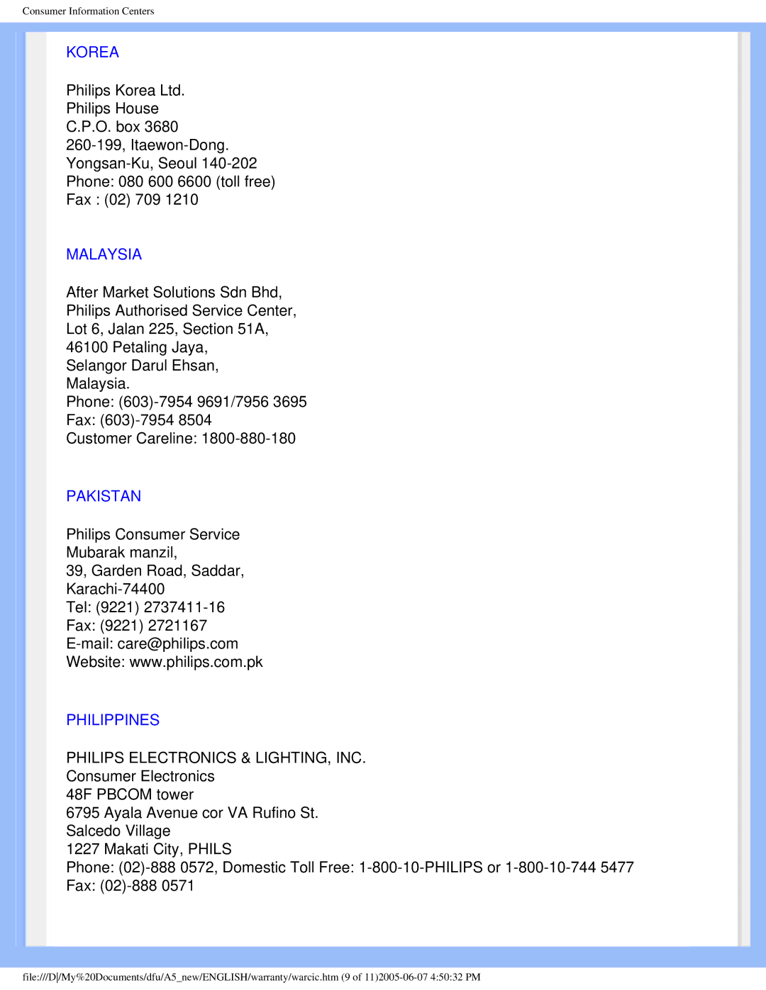 Philips 15056 user manual Korea, Malaysia, Pakistan, Philippines 