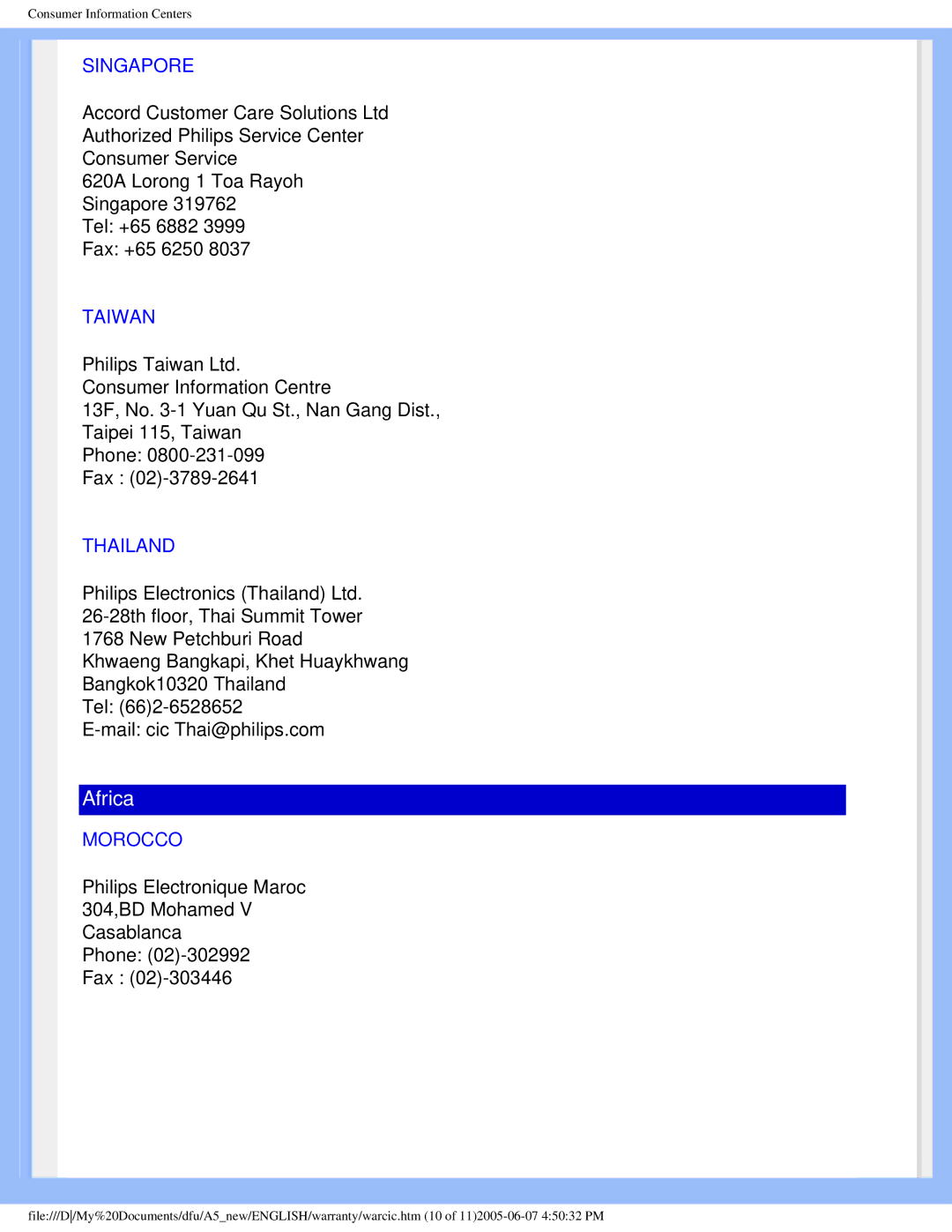 Philips 15056 user manual Singapore, Taiwan, Thailand, Morocco 