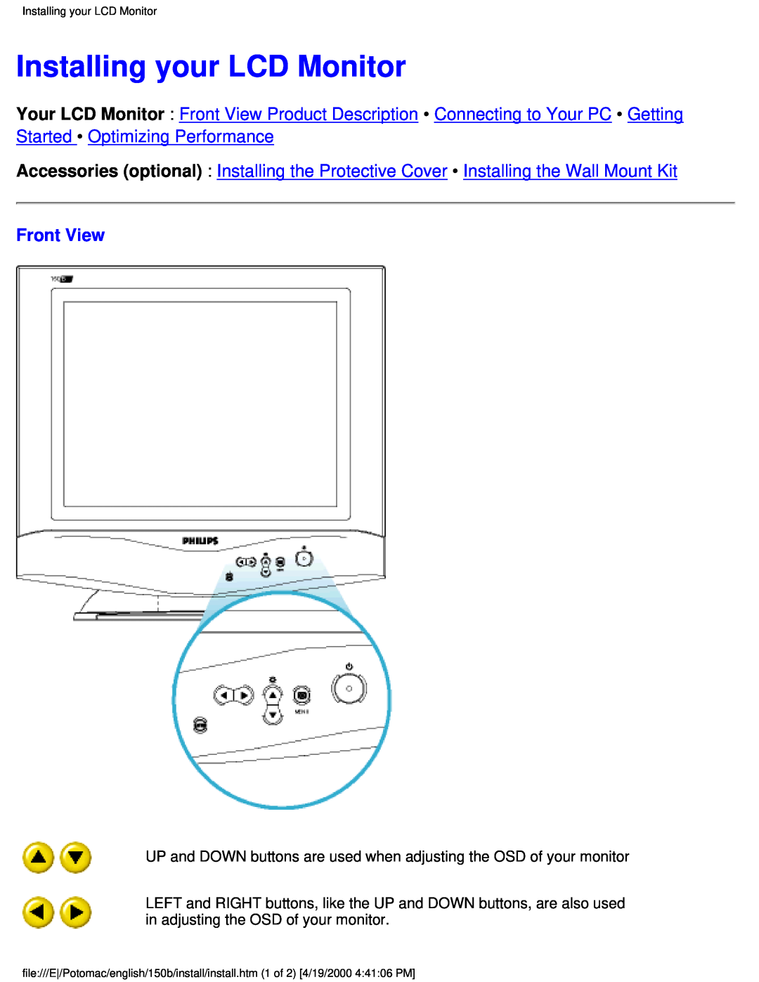Philips 150B user manual Installing your LCD Monitor, Front View 