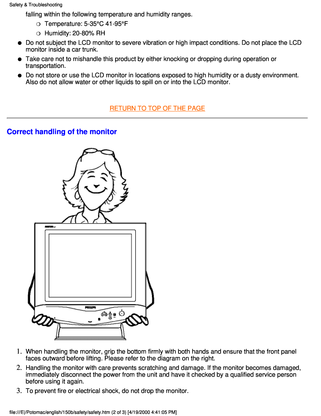 Philips 150B user manual Correct handling of the monitor, Return To Top Of The Page 