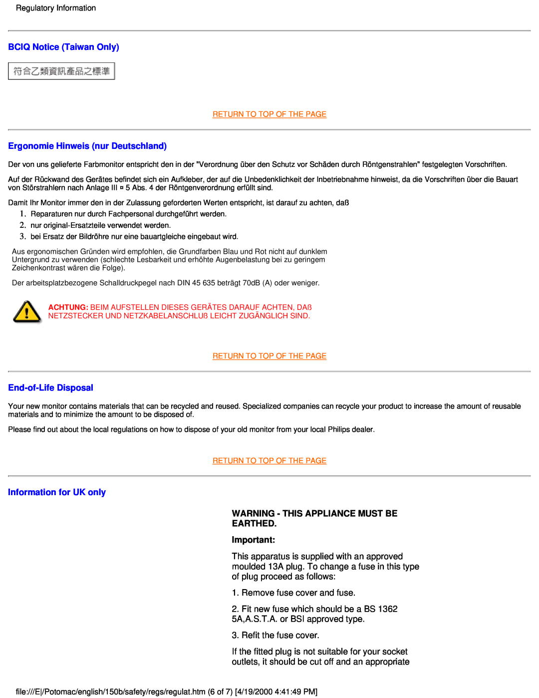 Philips 150B BCIQ Notice Taiwan Only, Ergonomie Hinweis nur Deutschland, End-of-Life Disposal, Information for UK only 