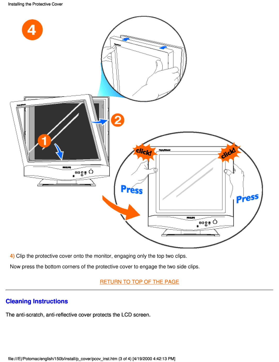 Philips 150B user manual Cleaning Instructions, Return To Top Of The Page, Installing the Protective Cover 