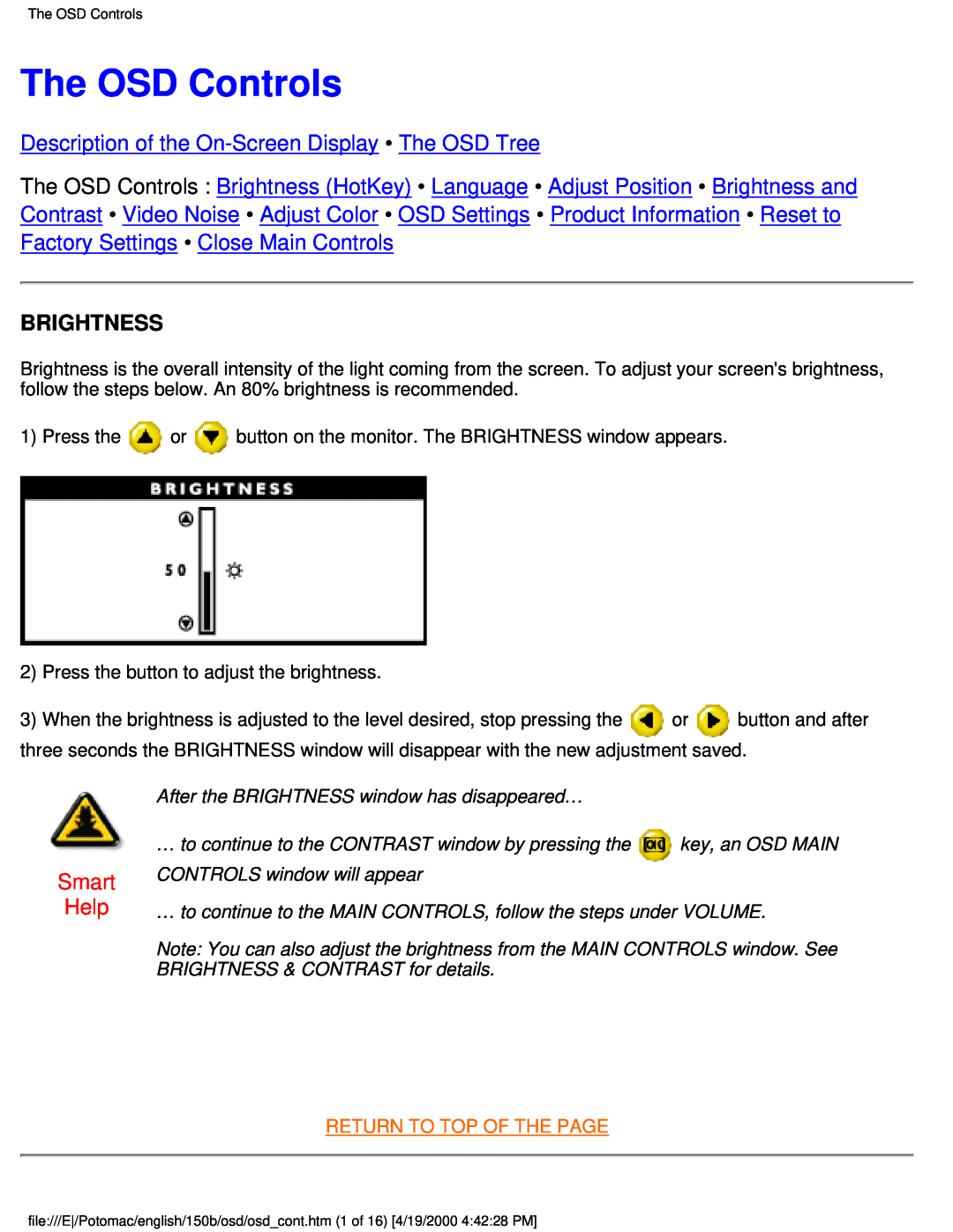 Philips 150B The OSD Controls, Description of the On-Screen Display The OSD Tree, Brightness, Smart Help, key, an OSD MAIN 