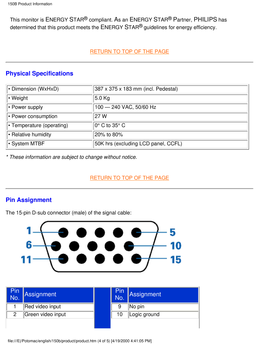 Philips 150B user manual Physical Specifications, Pin Assignment 