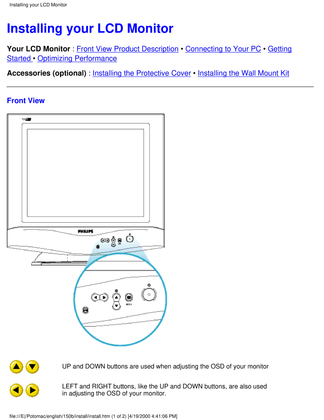 Philips 150B user manual Installing your LCD Monitor, Front View 