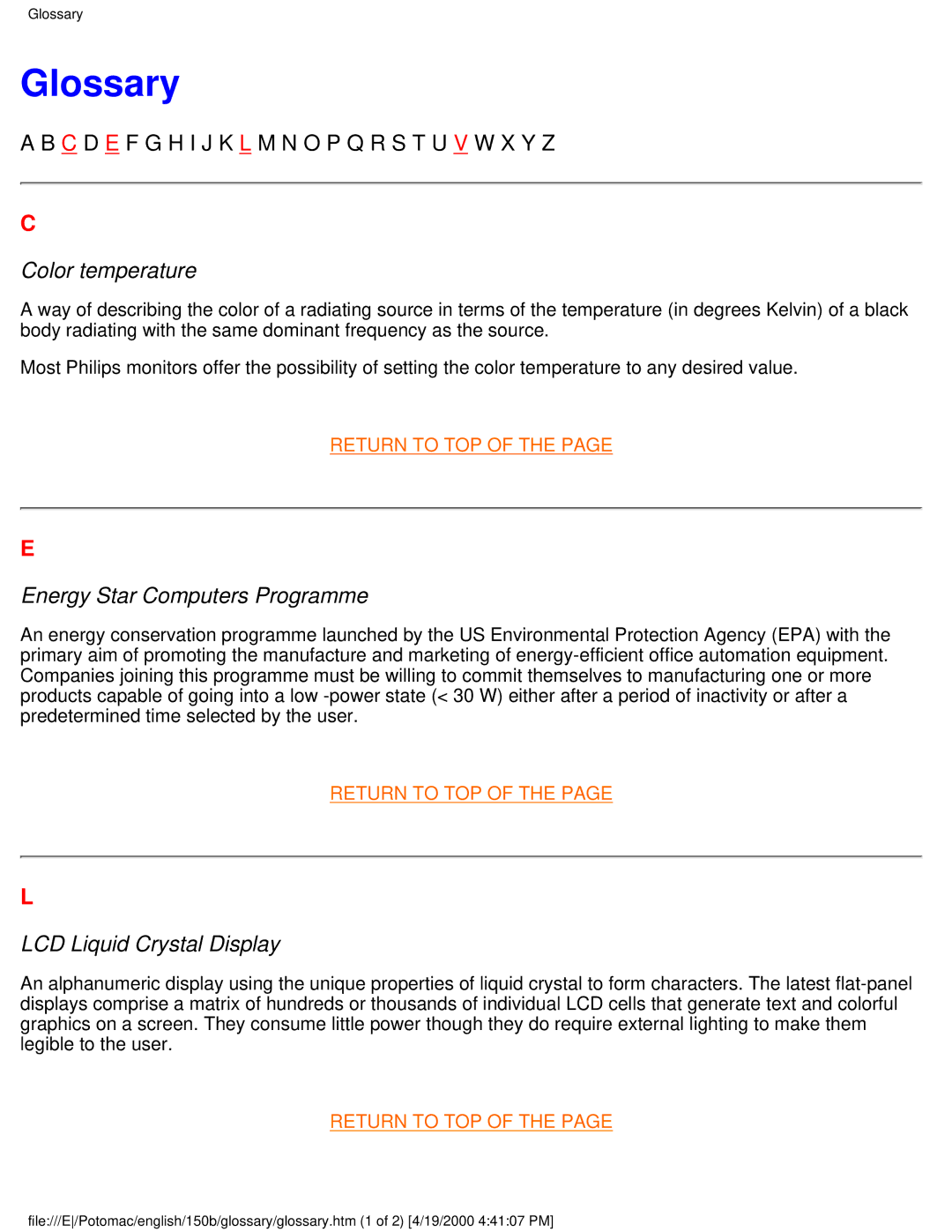 Philips 150B user manual Glossary, Color temperature 