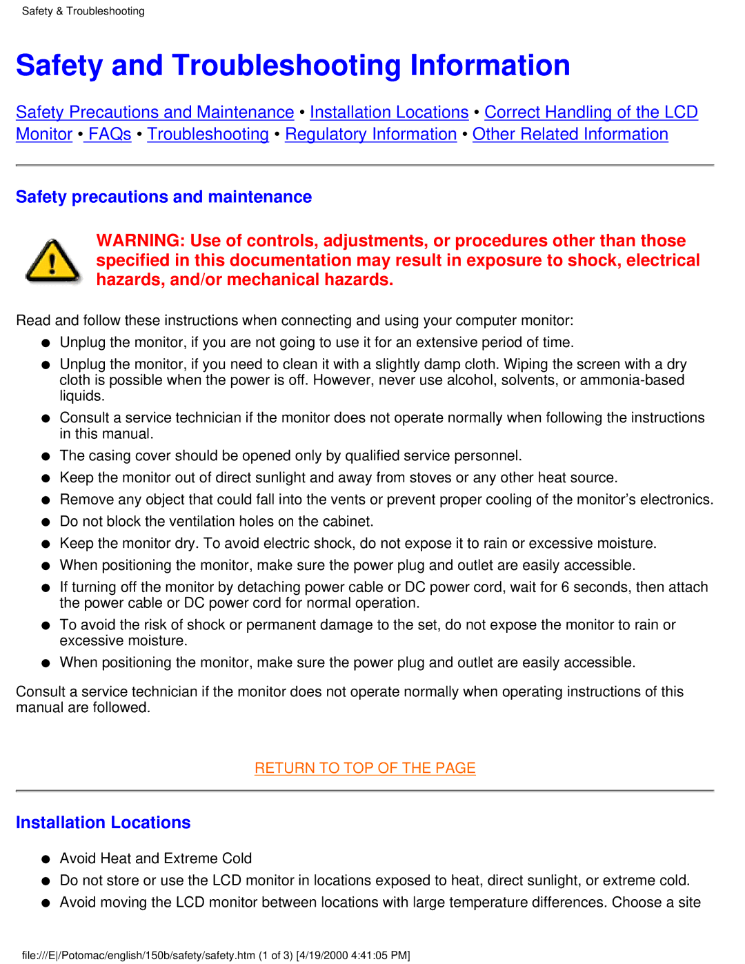 Philips 150B user manual Safety and Troubleshooting Information, Safety precautions and maintenance, Installation Locations 