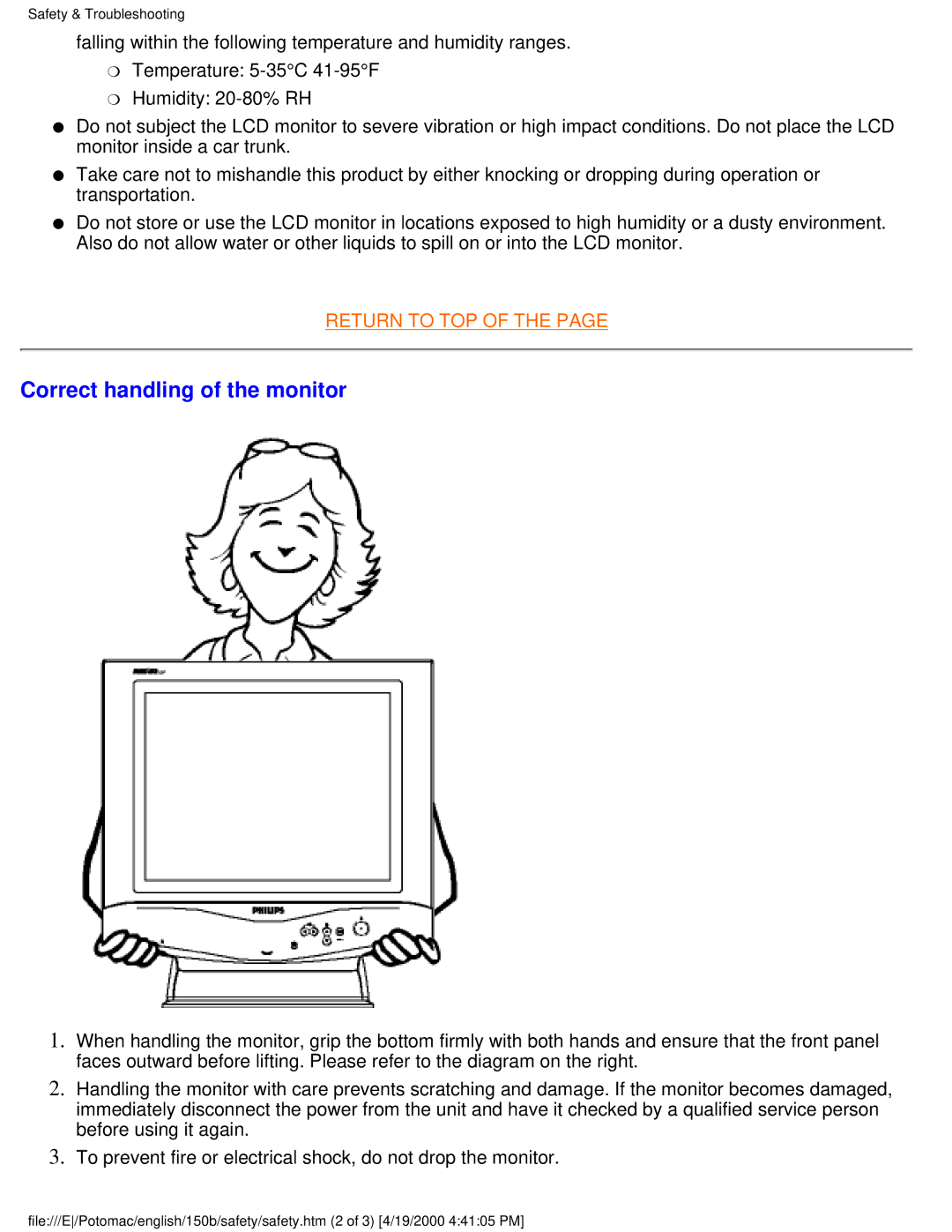 Philips 150B user manual Correct handling of the monitor 