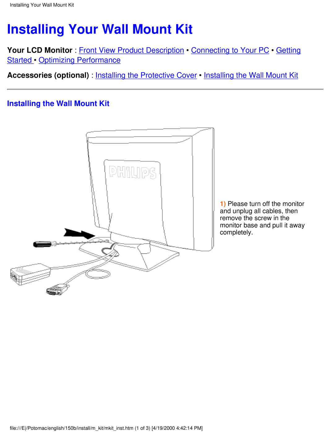 Philips 150B user manual Installing Your Wall Mount Kit, Installing the Wall Mount Kit 