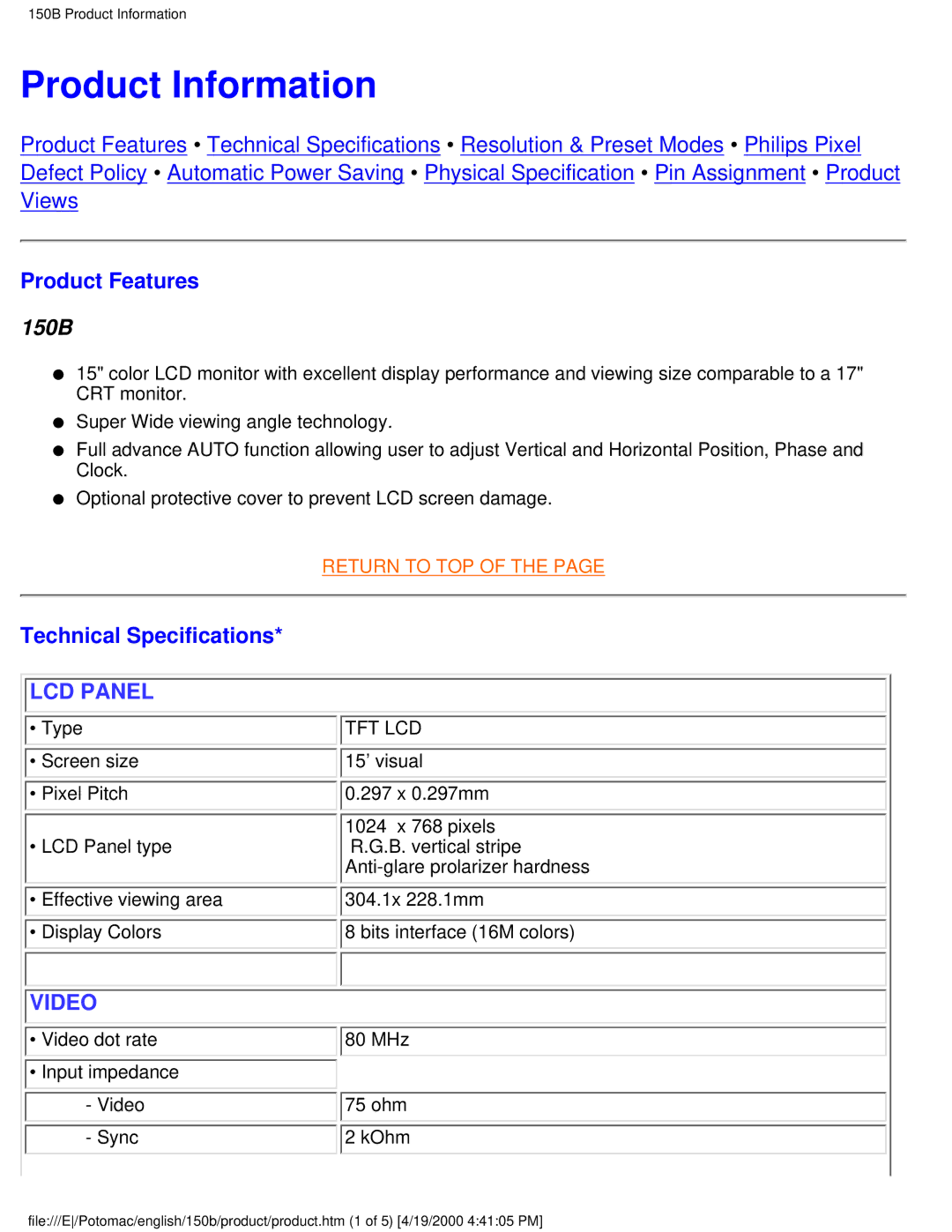 Philips 150B user manual Product Information, Product Features, Technical Specifications 