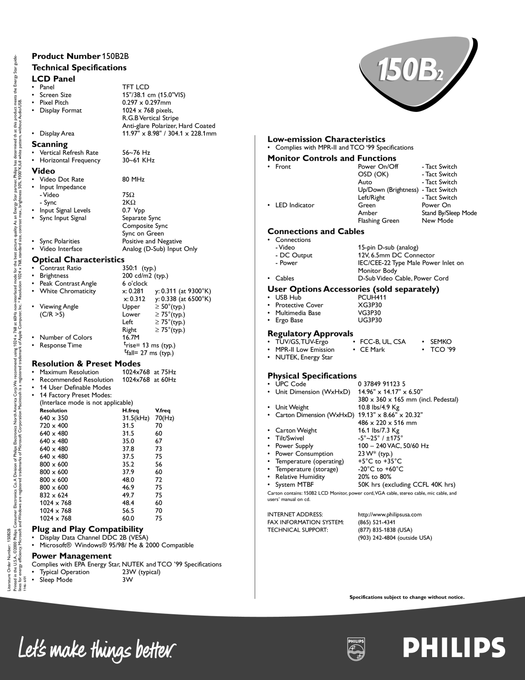 Philips warranty Product Number 150B2B Technical Specifications LCD Panel, Scanning, Video, Optical Characteristics 