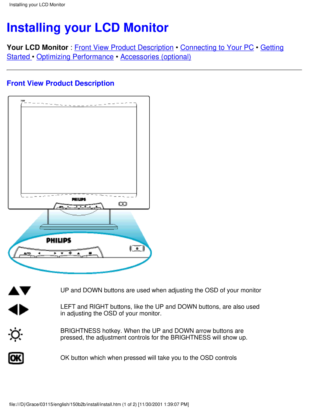 Philips 150B2B user manual Installing your LCD Monitor, Front View Product Description 