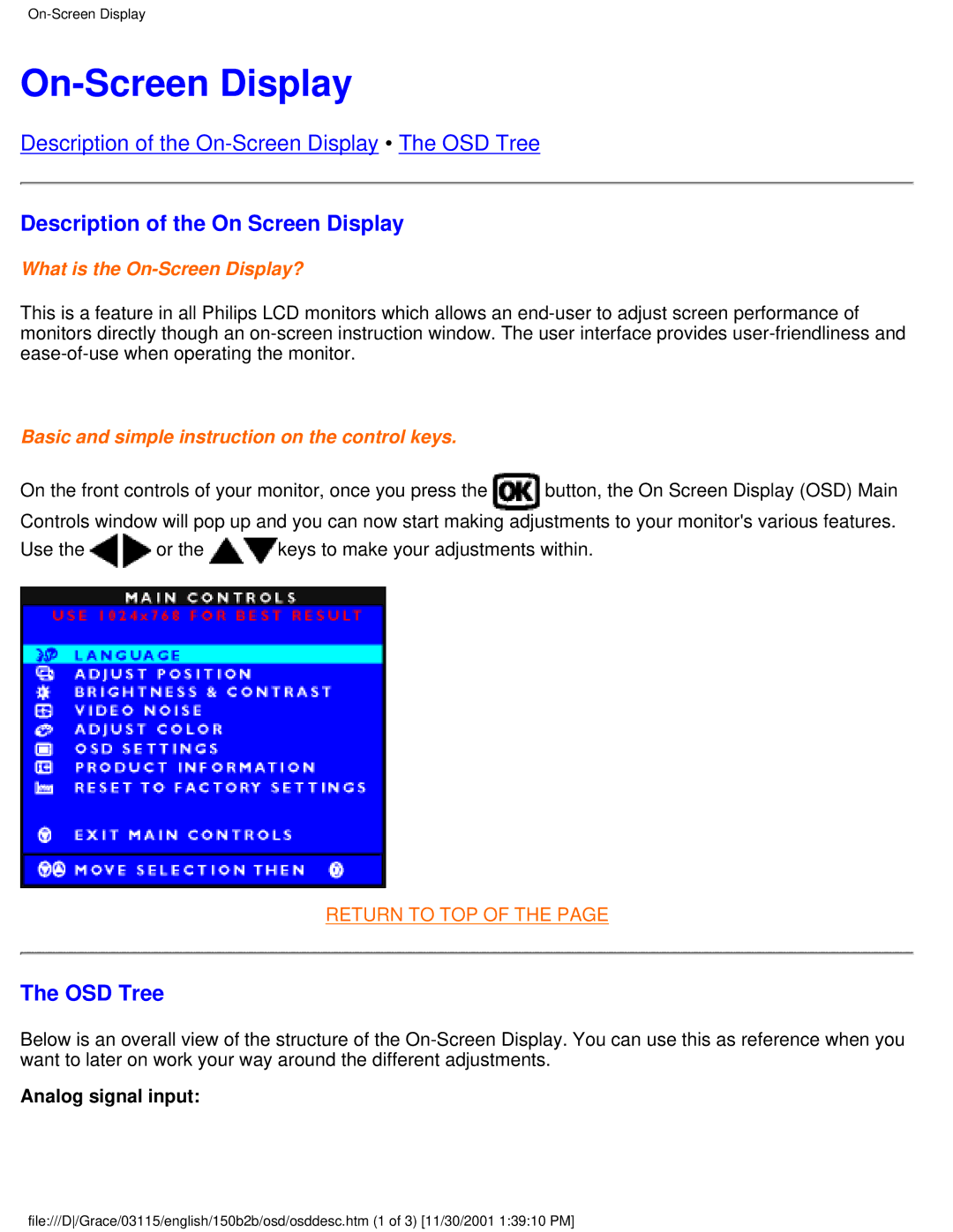 Philips 150B2B user manual On-Screen Display, Description of the On Screen Display, OSD Tree 