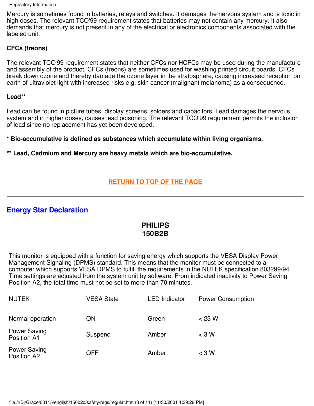 Philips 150B2B user manual Energy Star Declaration, CFCs freons 