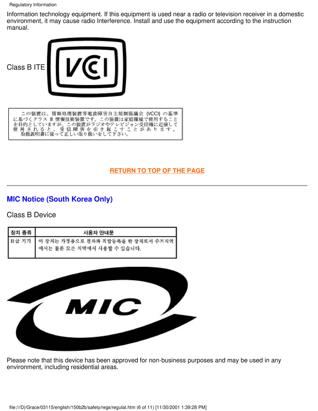 Philips 150B2B user manual Class B ITE, MIC Notice South Korea Only, Class B Device 