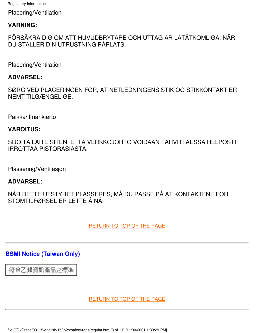 Philips 150B2B user manual Placering/Ventilation, Paikka/Ilmankierto, Plassering/Ventilasjon, Bsmi Notice Taiwan Only 