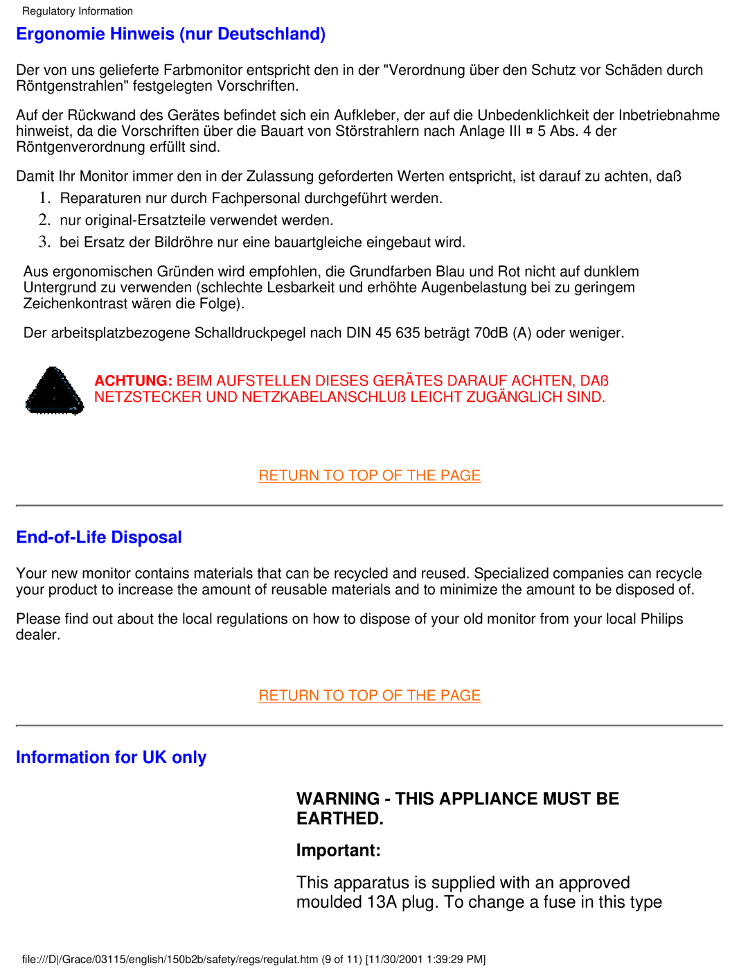 Philips 150B2B user manual Ergonomie Hinweis nur Deutschland, End-of-Life Disposal, Information for UK only 