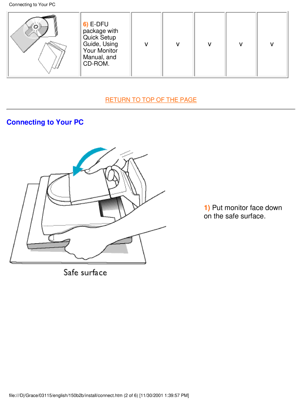 Philips 150B2B user manual Connecting to Your PC, Put monitor face down on the safe surface 