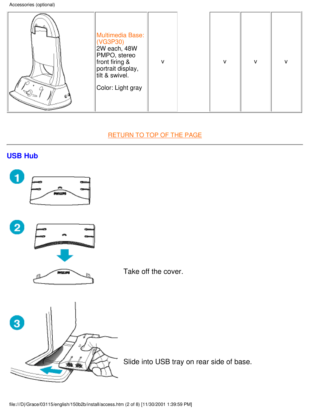 Philips 150B2B user manual USB Hub, Take off the cover Slide into USB tray on rear side of base 