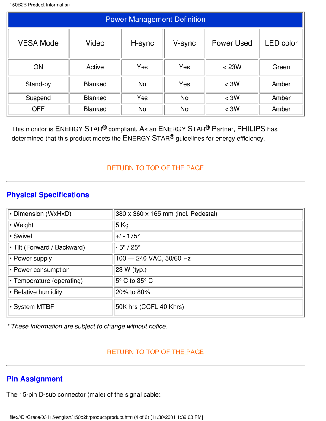 Philips 150B2B user manual Sync, Power Used, Physical Specifications, Pin Assignment 