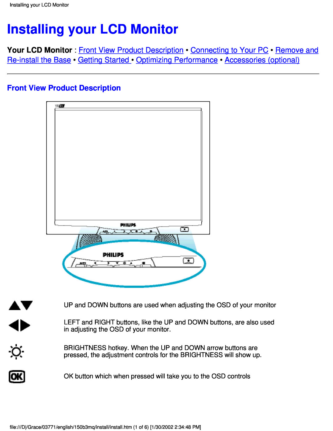 Philips 150B3M/150B3Q user manual Installing your LCD Monitor, Front View Product Description 