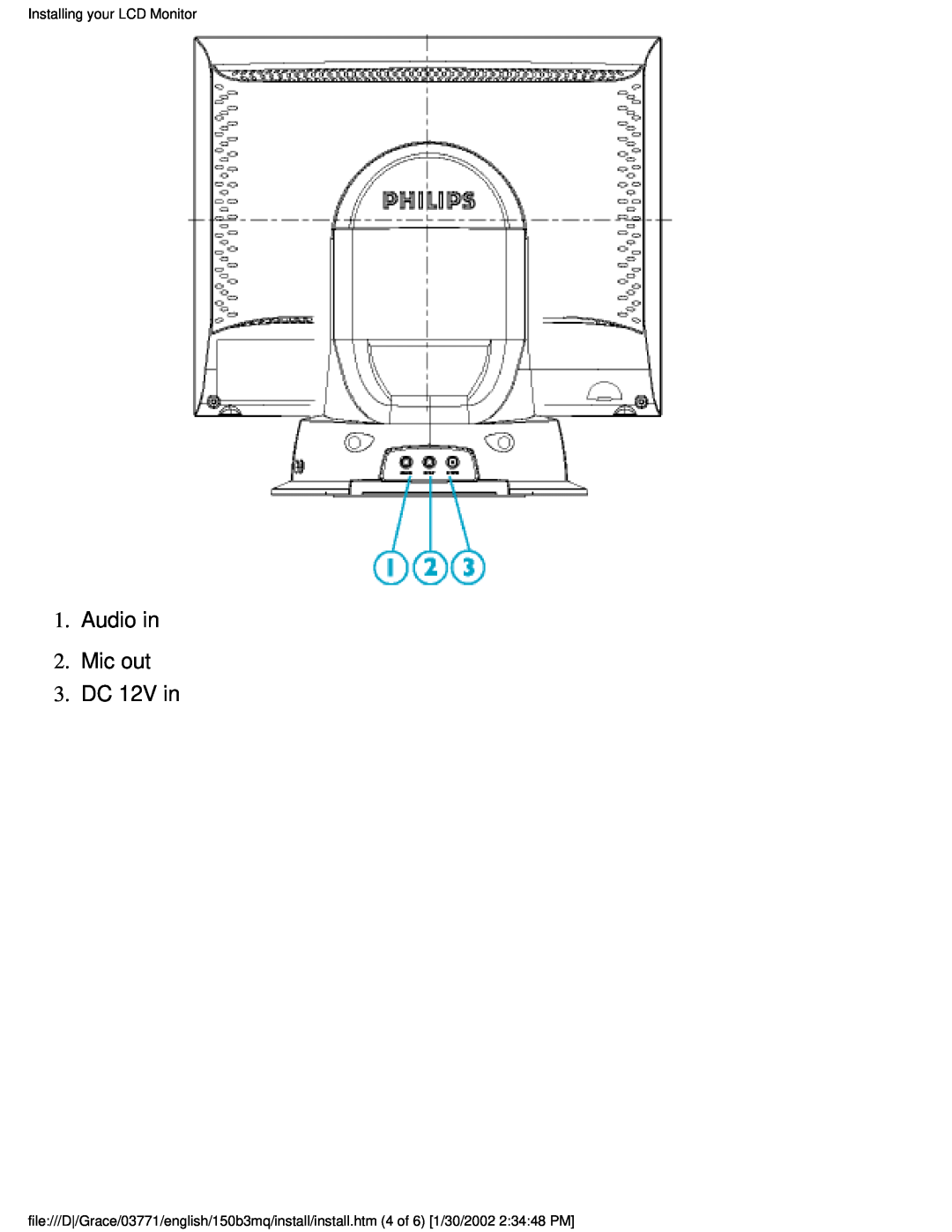 Philips 150B3M/150B3Q user manual Audio in 2.Mic out 3.DC 12V in, Installing your LCD Monitor 