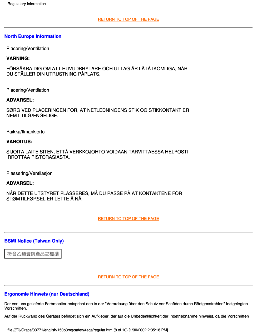 Philips 150B3M/150B3Q user manual North Europe Information, Varning, Advarsel, Varoitus, BSMI Notice Taiwan Only 