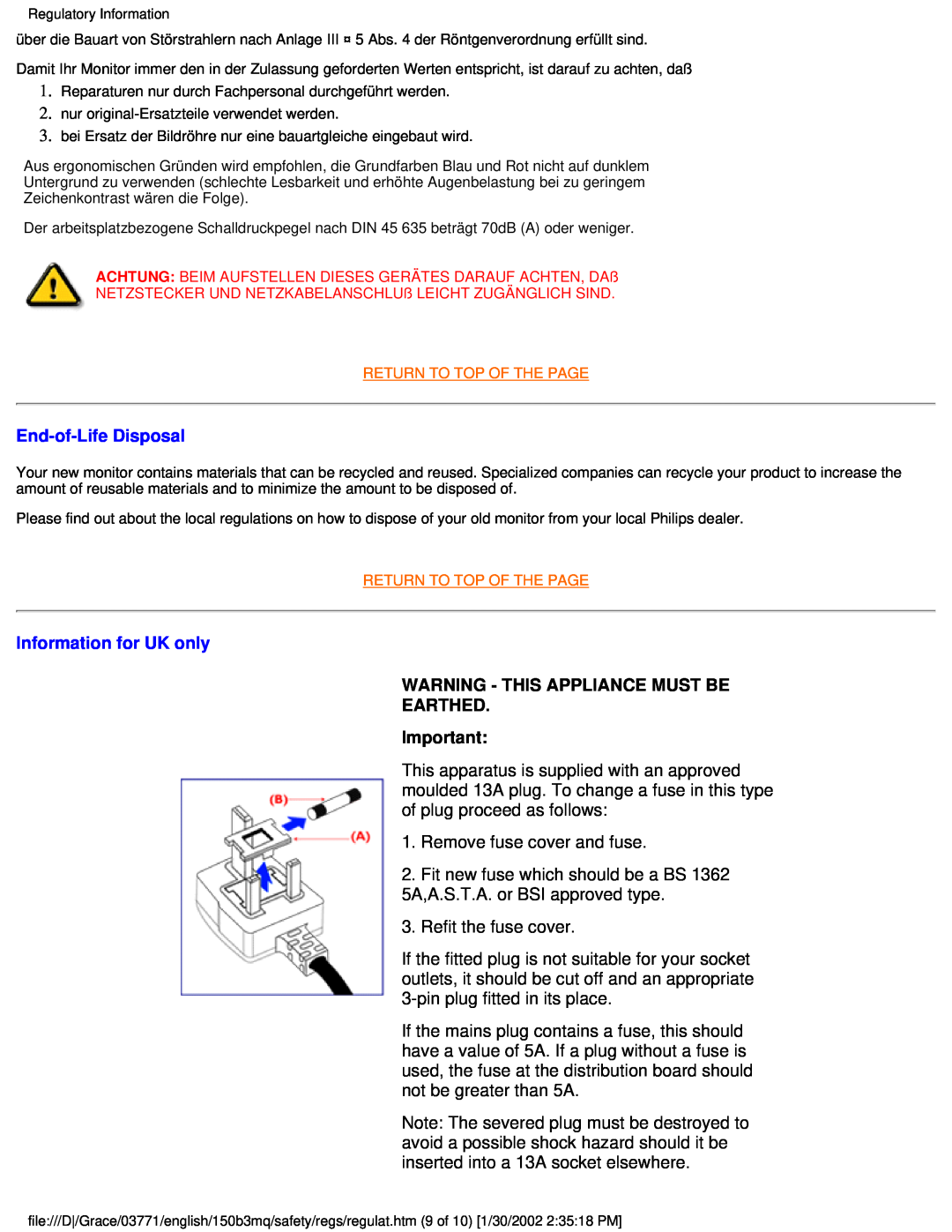 Philips 150B3M/150B3Q user manual End-of-LifeDisposal, Information for UK only, Warning - This Appliance Must Be Earthed 
