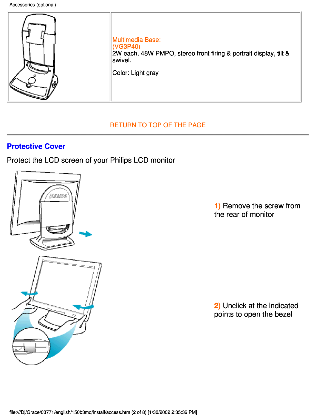 Philips 150B3M/150B3Q user manual Protective Cover, Remove the screw from the rear of monitor, Multimedia Base VG3P40 